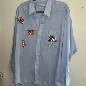 Vintage Bedazzled & Embroidered Kitten Blue Checkered Women’s Button-down Shirt